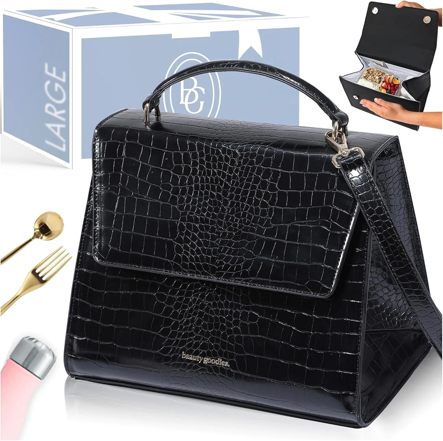 Beauty Goodies - Large Insulated Lunch Bag, Black Croc Purse and Bag for Work, Lunch and Picnics. Designer Croc with Vegan Leather, Classy, Insulated Lunch Tote Bag for Women. Cute and a Great Gift !