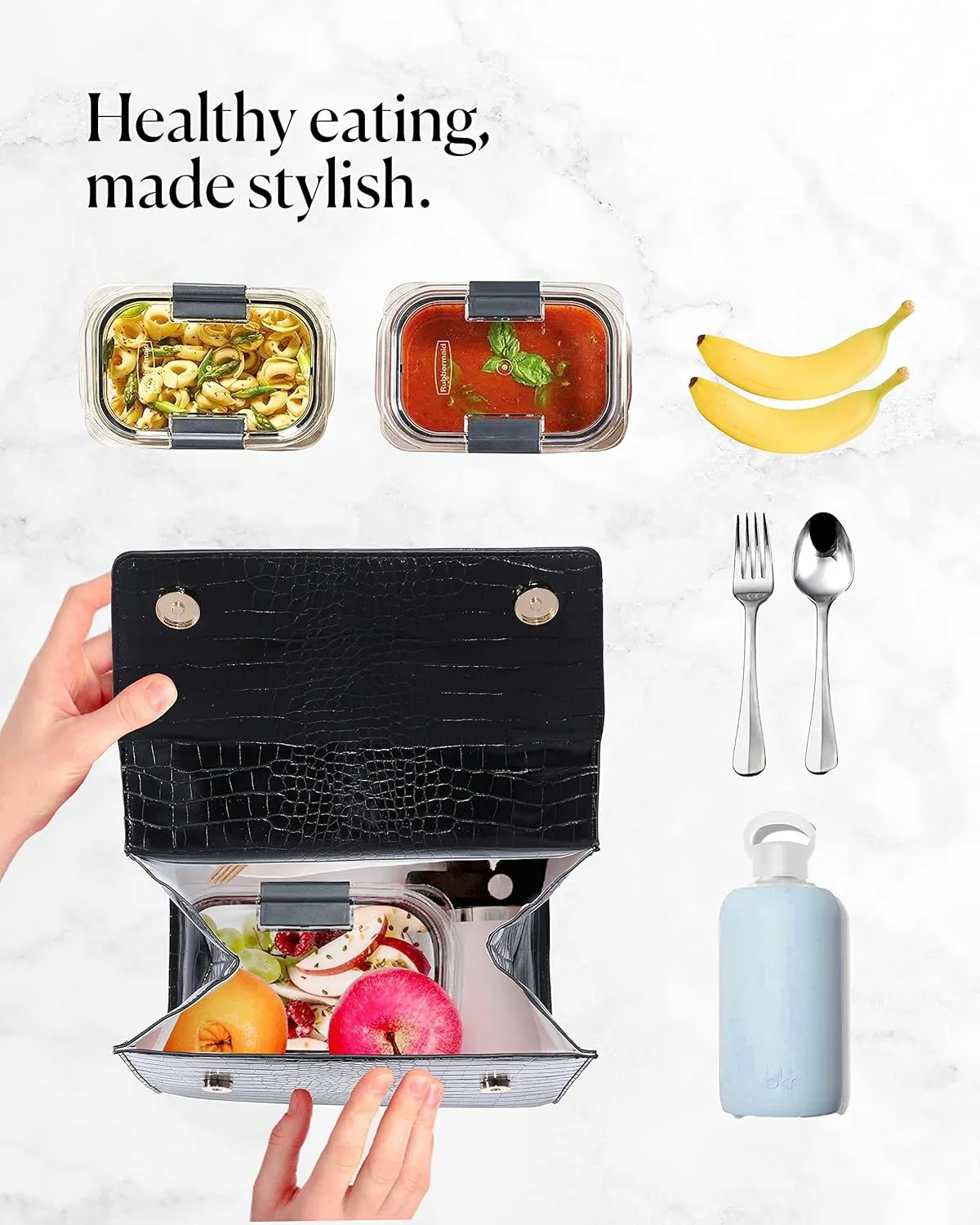 Beauty Goodies - Large Insulated Lunch Bag, Black Croc Purse and Bag for Work, Lunch and Picnics. Designer Croc with Vegan Leather, Classy, Insulated Lunch Tote Bag for Women. Cute and a Great Gift !