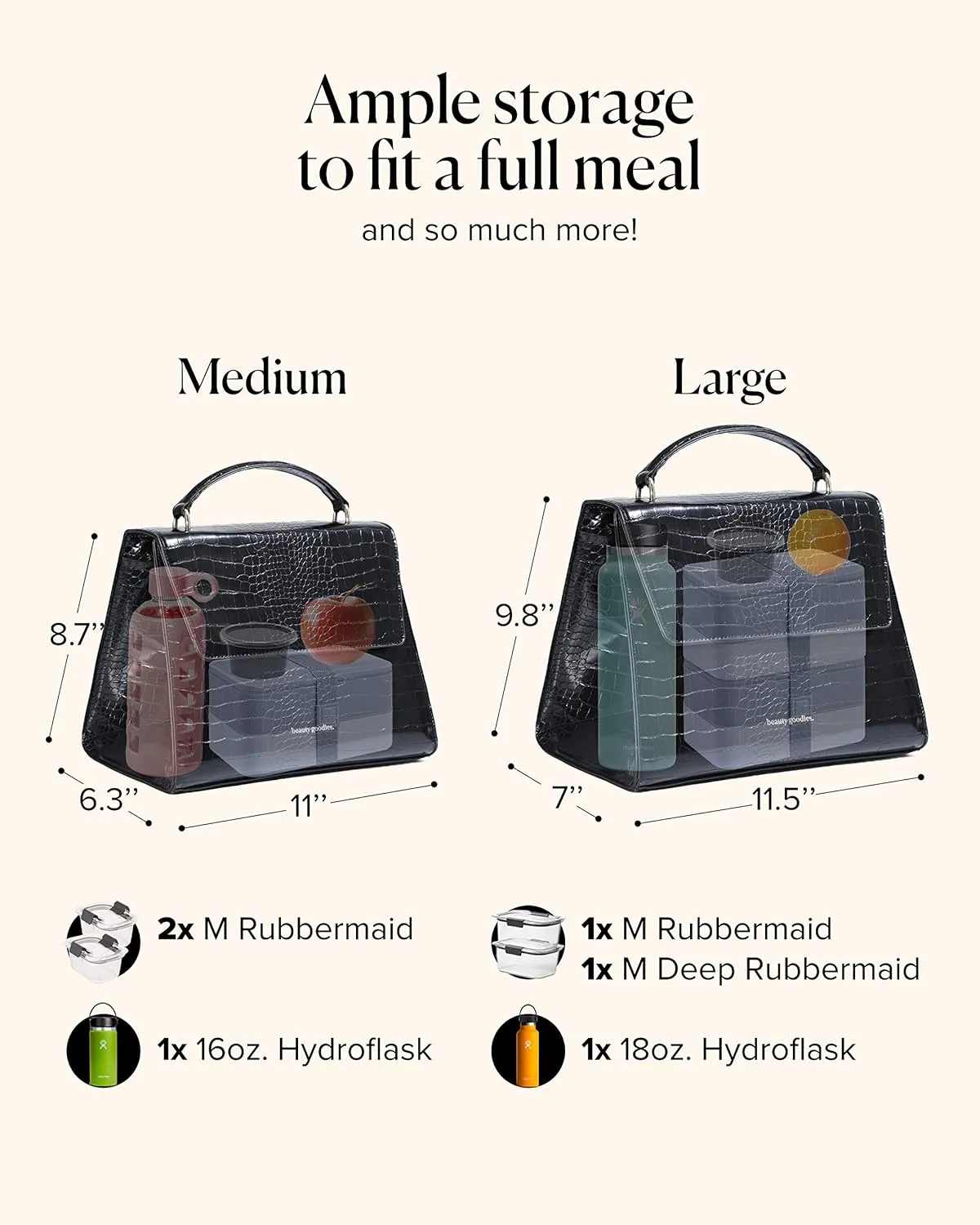 Beauty Goodies - Large Insulated Lunch Bag, Black Croc Purse and Bag for Work, Lunch and Picnics. Designer Croc with Vegan Leather, Classy, Insulated Lunch Tote Bag for Women. Cute and a Great Gift !