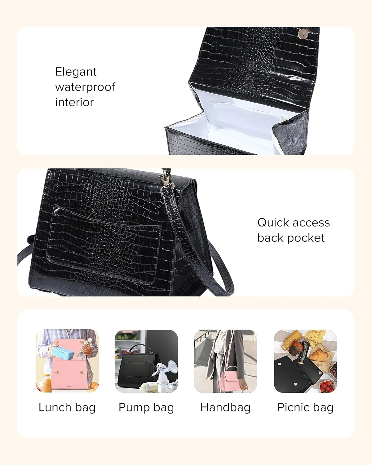 Beauty Goodies - Large Insulated Lunch Bag, Black Croc Purse and Bag for Work, Lunch and Picnics. Designer Croc with Vegan Leather, Classy, Insulated Lunch Tote Bag for Women. Cute and a Great Gift !