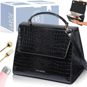 Beauty Goodies - Large Insulated Lunch Bag, Black Croc Purse and Bag for Work, Lunch and Picnics. Designer Croc with Vegan Leather, Classy, Insulated Lunch Tote Bag for Women. Cute and a Great Gift !