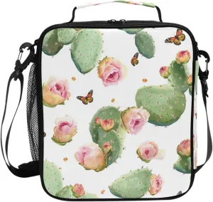 Beauty Prickly Pear Fruit White Insulated Kids Lunch Bags with Water Bottle Holder Nurse Crossbody Lunch Bag for Outdoor Travel