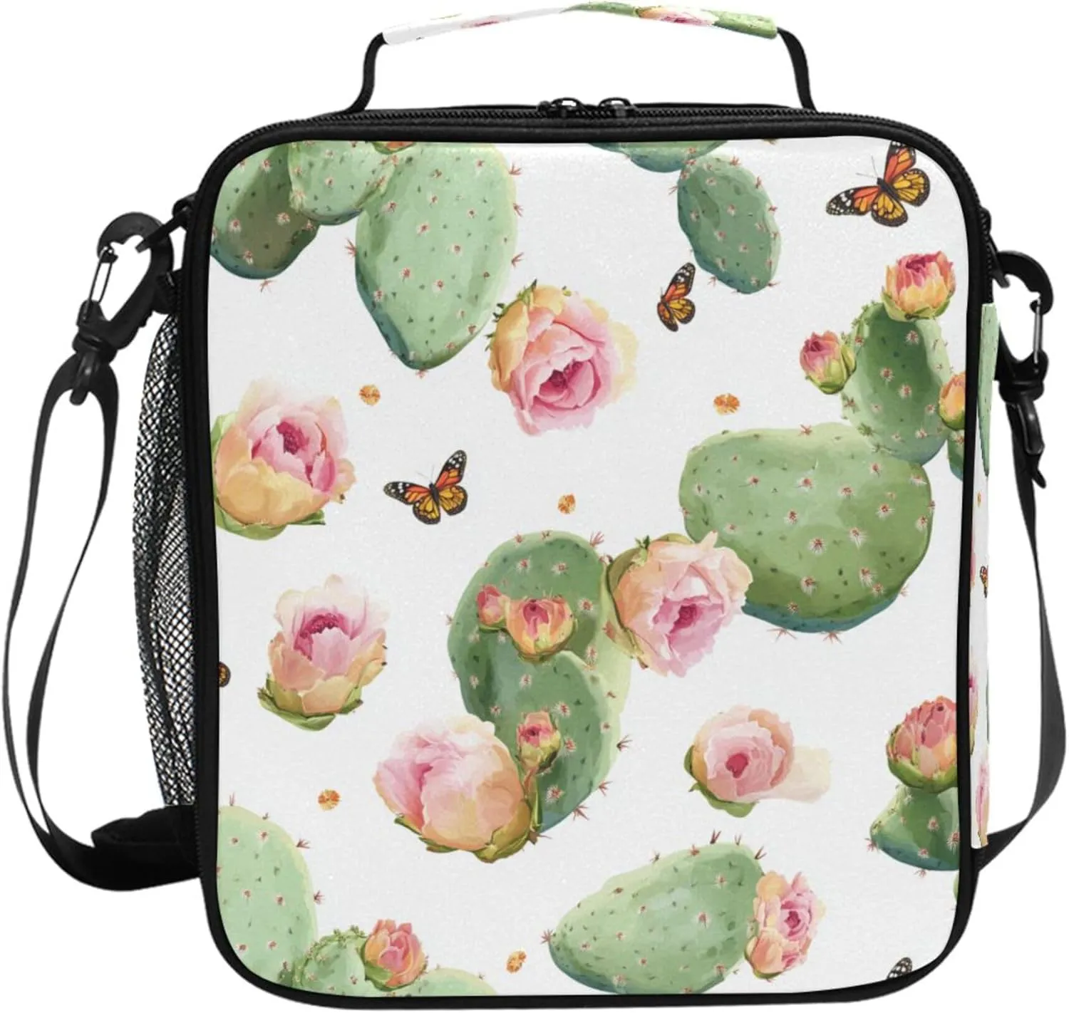 Beauty Prickly Pear Fruit White Insulated Kids Lunch Bags with Water Bottle Holder Nurse Crossbody Lunch Bag for Outdoor Travel
