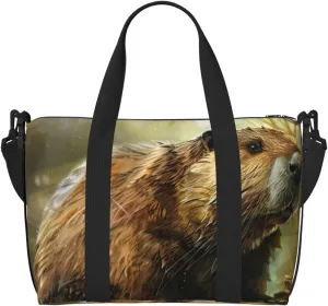 Beaver Print oblique across Hand Travel Bag Polyester Women Men Overnight Duffel Carry-on Tote Bag