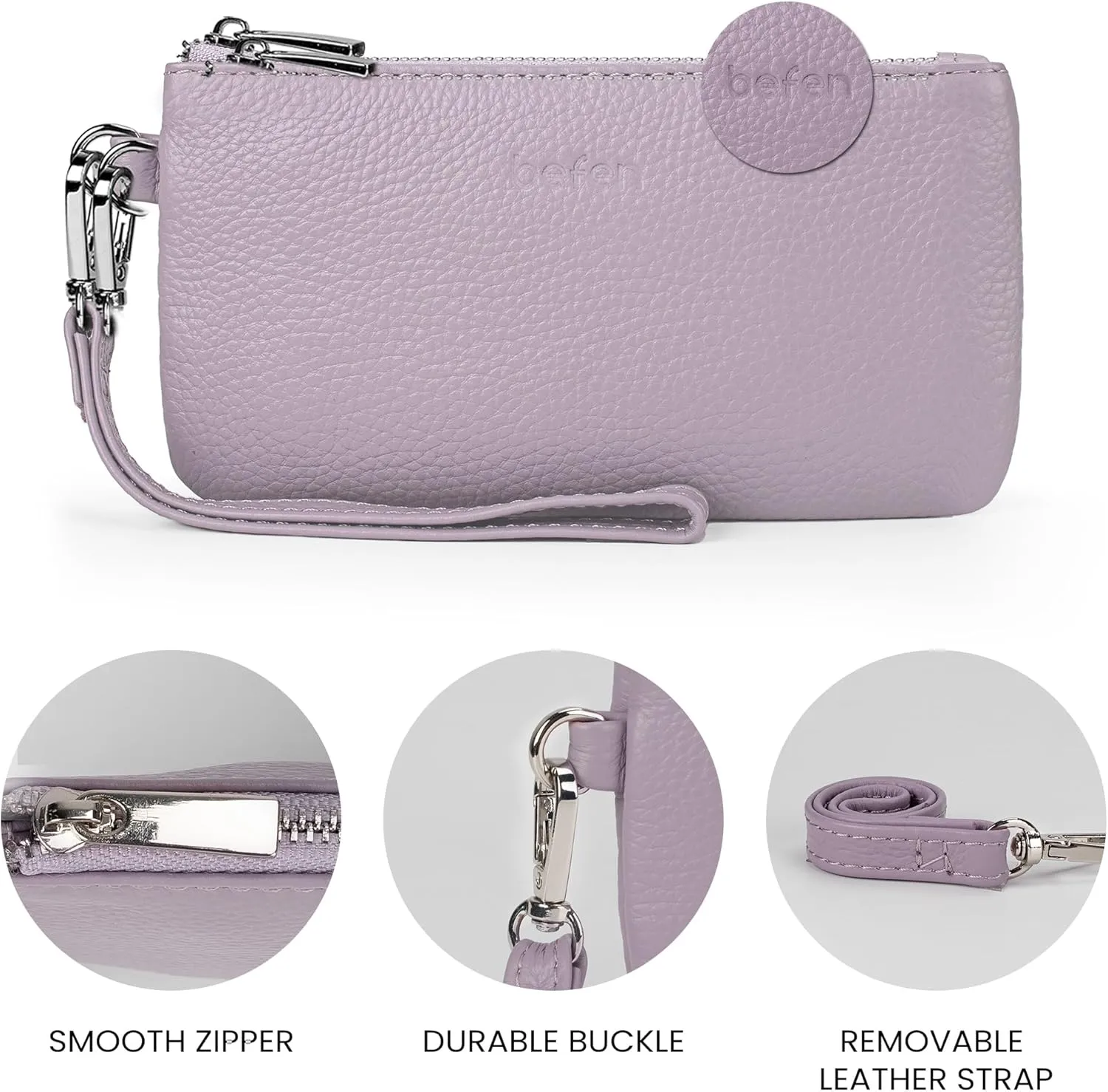 befen Genuine Leather Wristlet Coin Purse, Small Italian Leather Zipper Wallet Pouch for Women 6.75 x 3.75