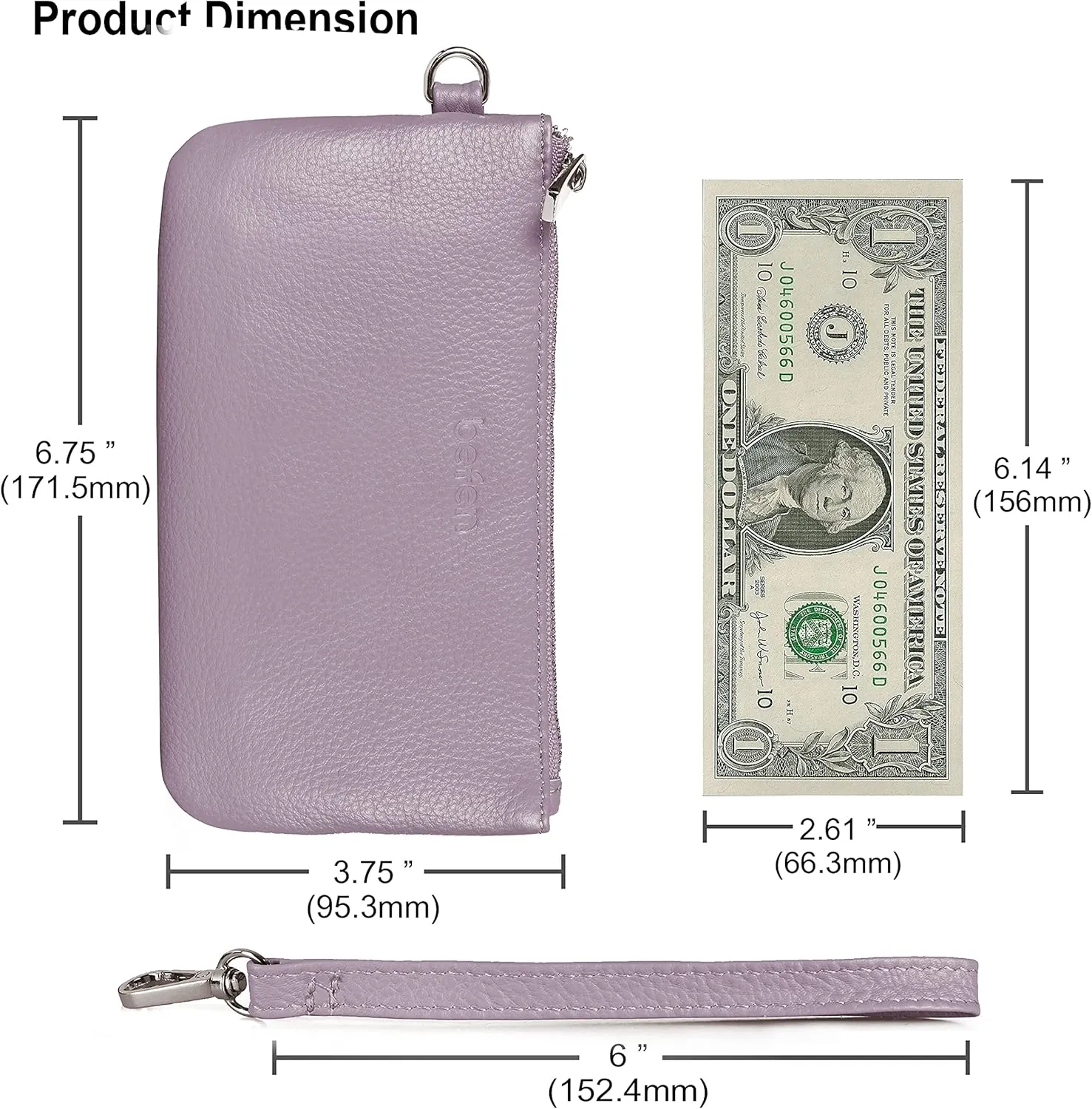 befen Genuine Leather Wristlet Coin Purse, Small Italian Leather Zipper Wallet Pouch for Women 6.75 x 3.75