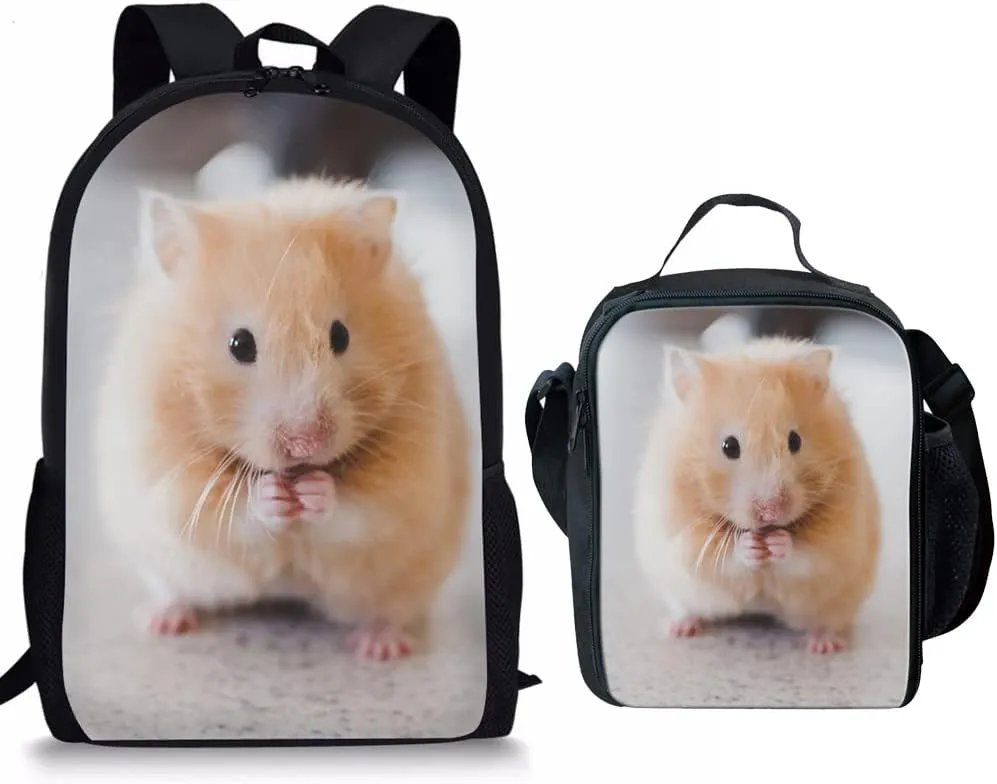 Beginterest Cute Hamster Print Backpack with Lunch Bag for Kids Boys Girls School Backpack Set of 2