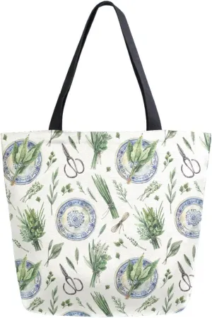 Beige Blue Porcelain Plate Canvas Tote Bag for Women with Zipper Pocket Reusable Grocery Shopping Bags Large Travel Shoulder Bag Handbag Bags