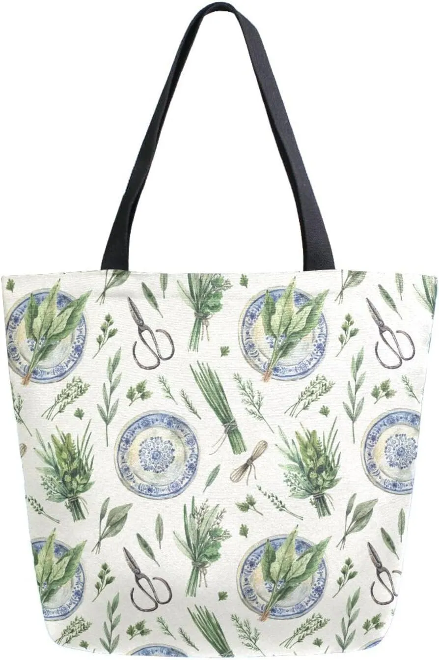 Beige Blue Porcelain Plate Canvas Tote Bag for Women with Zipper Pocket Reusable Grocery Shopping Bags Large Travel Shoulder Bag Handbag Bags