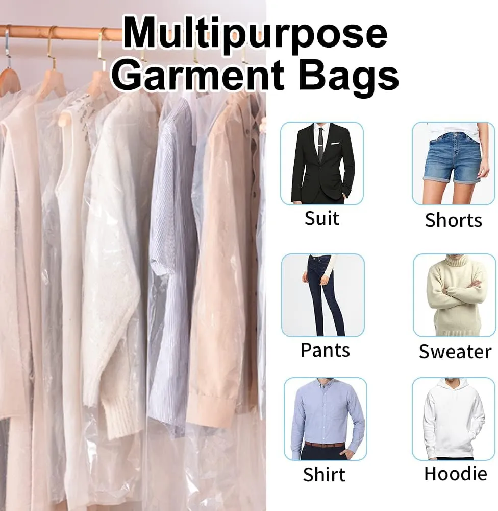 BEISHIDA 60PCS 35.5 Inch Plastic Garment Bag-Plastic Clear Dry Cleaner Laundry Bags for Clothes Cover Hanging Clothes Storage for Coat Suit Shirt Jacket Skirt