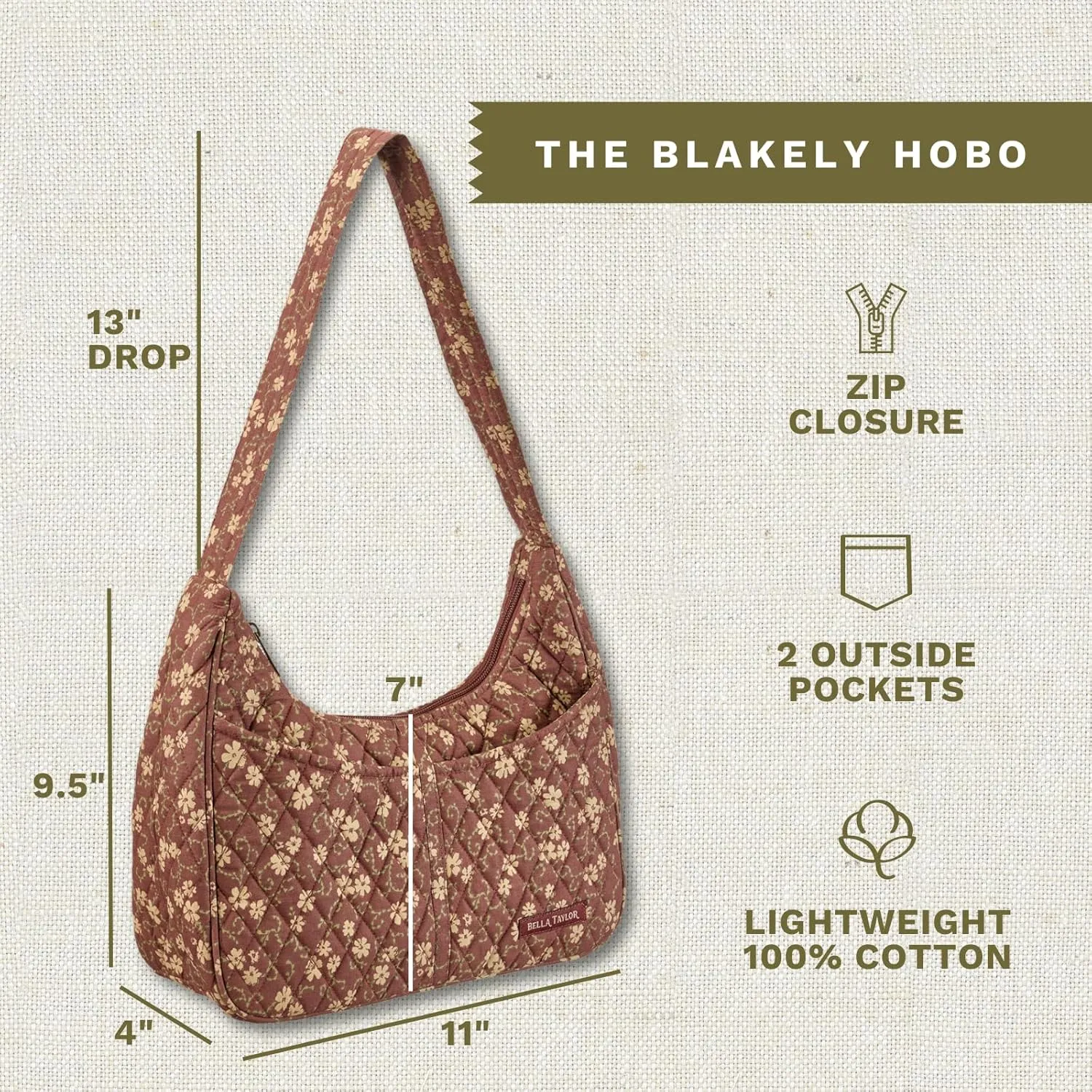 Bella Taylor Blakely - Hobo Shoulder Bag for Women - Lightweight Quilted Fabric Purse with Pockets