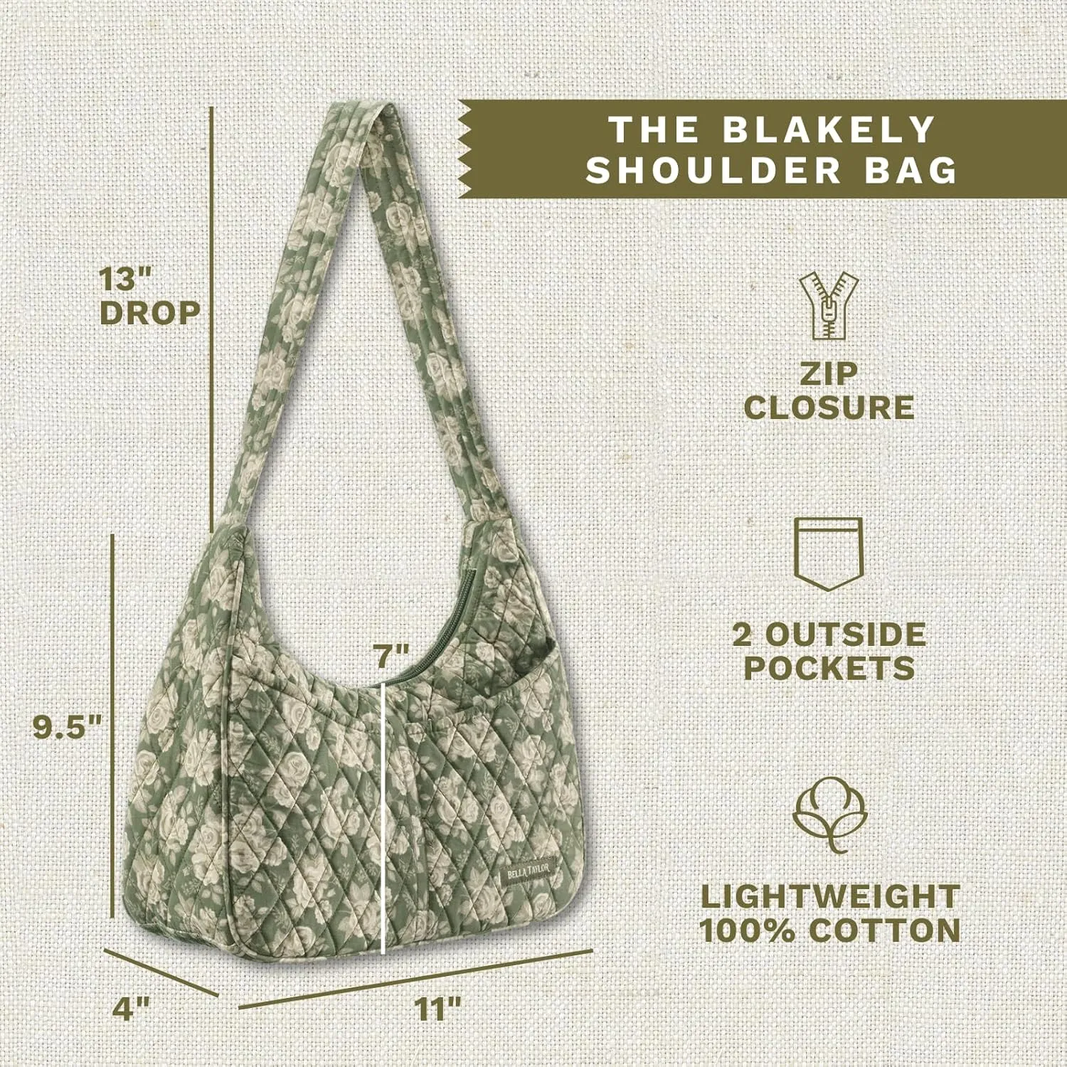 Bella Taylor Blakely - Hobo Shoulder Bag for Women - Lightweight Quilted Fabric Purse with Pockets