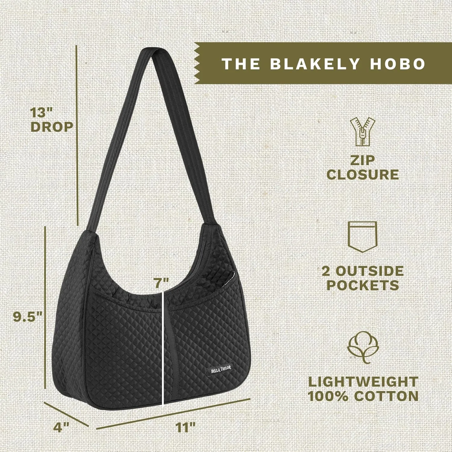 Bella Taylor Blakely - Hobo Shoulder Bag for Women - Lightweight Quilted Fabric Purse with Pockets
