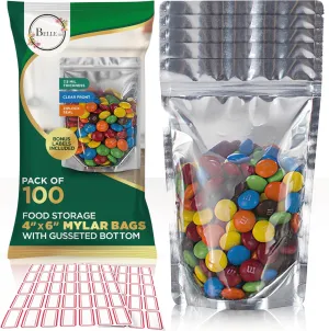 BELLE KR® 4x6 Mylar Bags for Freeze Dried Candy - Pack Of 100-7.5mil Thick - 1/2 Pint Stand Up Small Clear Mylar Bags with See Through Window for Freeze Drying - Labels Included