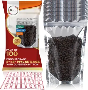 BELLE KR® 5x8 Mylar Bags with Window Stand Up - Pack Of 100, 7.5mil Thick - Clear Front Pint Mylar Bags for Food Storage and Freeze Dried Candy - Bonus Labels Included