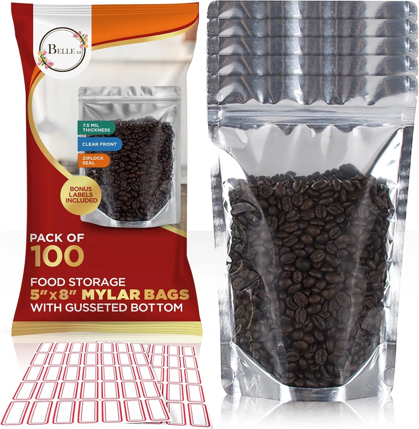BELLE KR® 5x8 Mylar Bags with Window Stand Up - Pack Of 100, 7.5mil Thick - Clear Front Pint Mylar Bags for Food Storage and Freeze Dried Candy - Bonus Labels Included