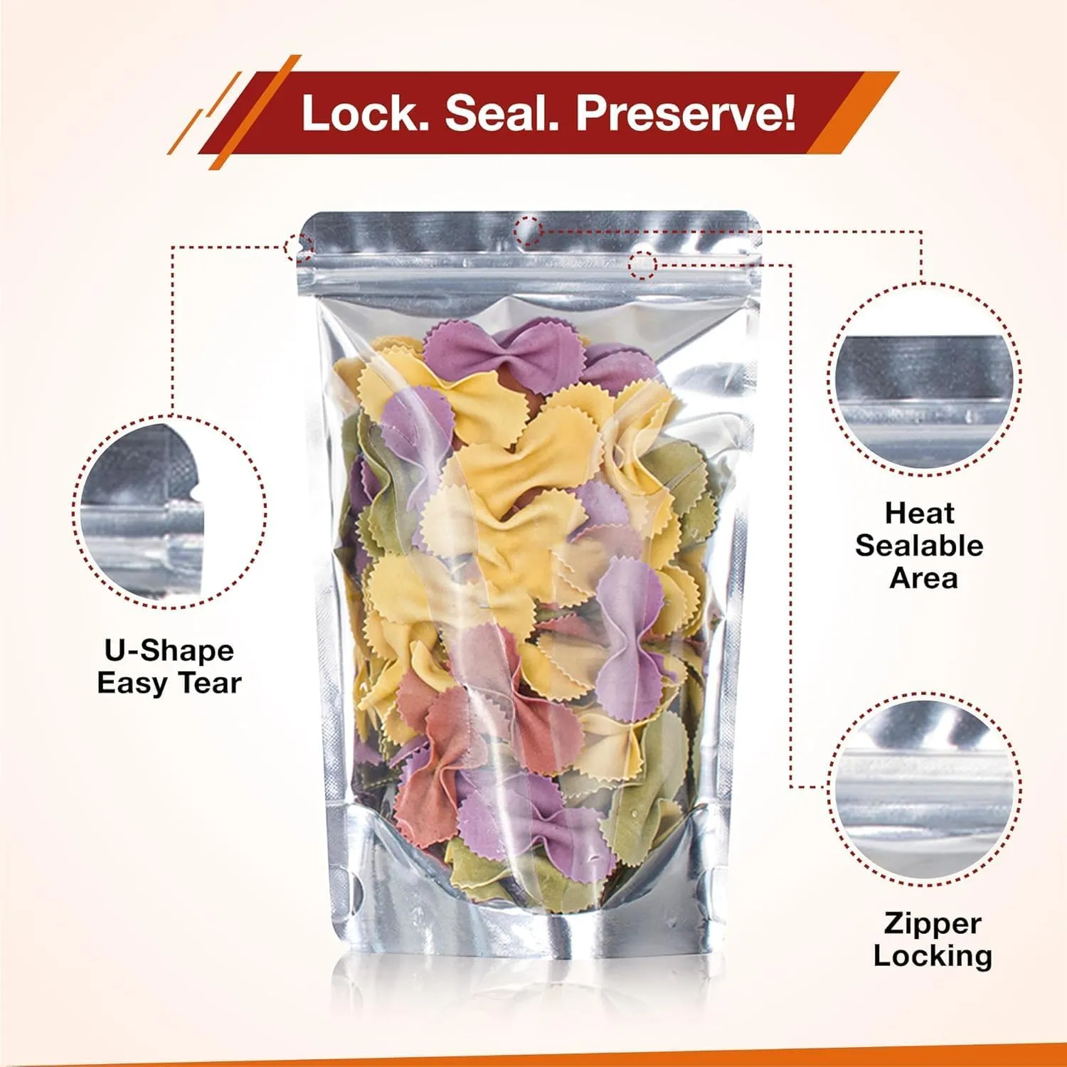 BELLE KR® Pint 5x8 Mylar Bags for Food Storage - Pack Of 200-7.5mil Thickness - Stand Up Clear Mylar Bags with See Through Window - Resealable
