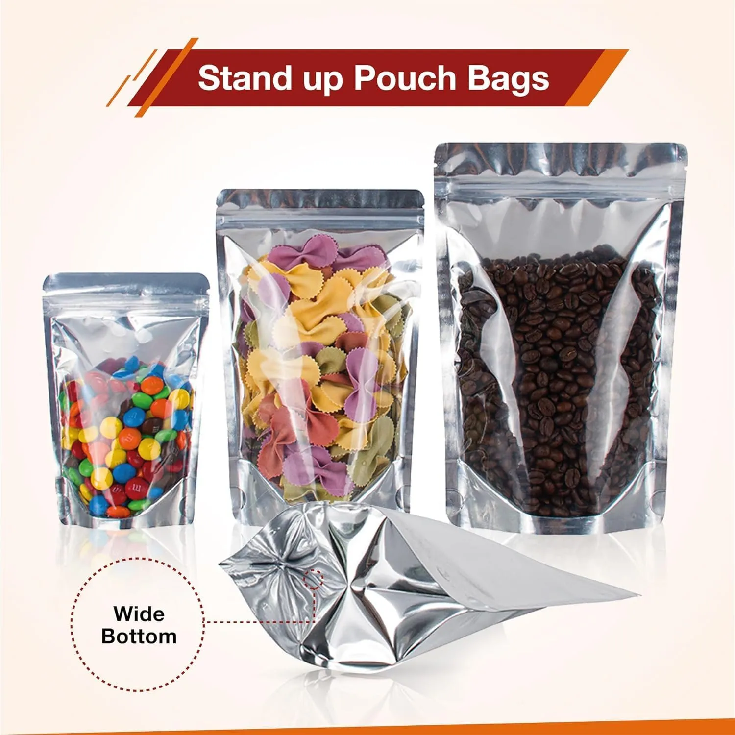 BELLE KR® Pint 5x8 Mylar Bags for Food Storage - Pack Of 200-7.5mil Thickness - Stand Up Clear Mylar Bags with See Through Window - Resealable