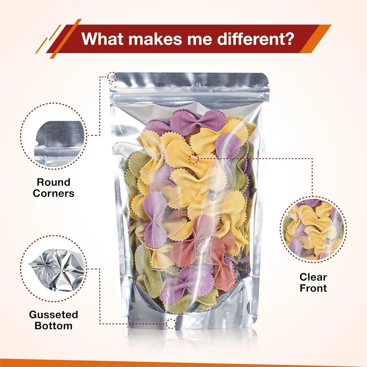 BELLE KR® Pint 5x8 Mylar Bags for Food Storage - Pack Of 200-7.5mil Thickness - Stand Up Clear Mylar Bags with See Through Window - Resealable