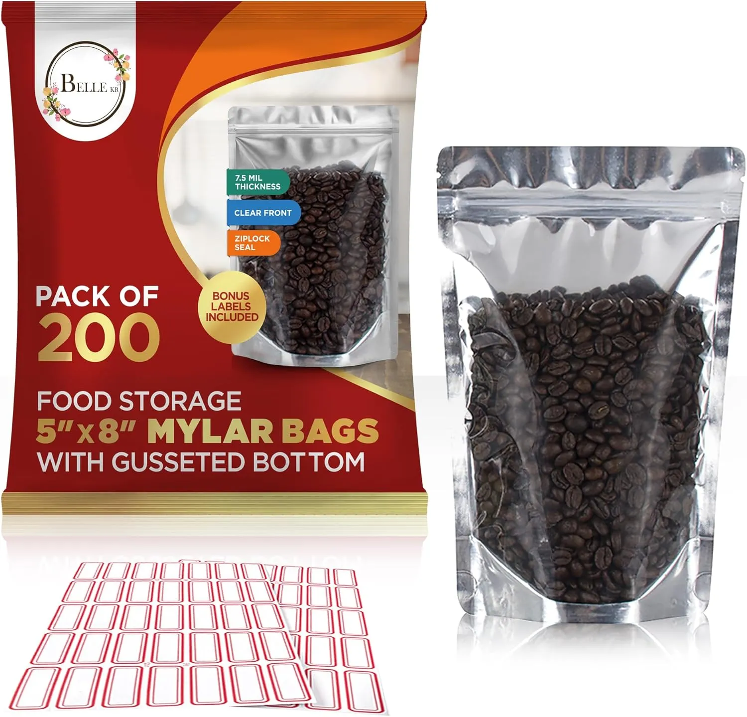 BELLE KR® Pint 5x8 Mylar Bags for Food Storage - Pack Of 200-7.5mil Thickness - Stand Up Clear Mylar Bags with See Through Window - Resealable
