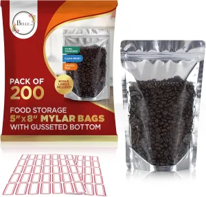 BELLE KR® Pint 5x8 Mylar Bags for Food Storage - Pack Of 200-7.5mil Thickness - Stand Up Clear Mylar Bags with See Through Window - Resealable