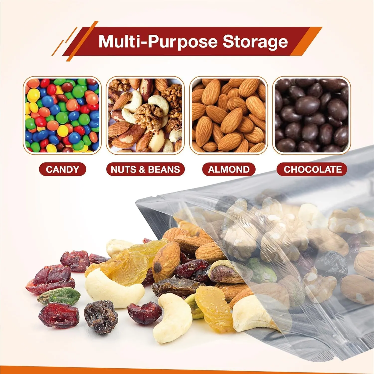BELLE KR® Pint 5x8 Mylar Bags for Food Storage - Pack Of 200-7.5mil Thickness - Stand Up Clear Mylar Bags with See Through Window - Resealable