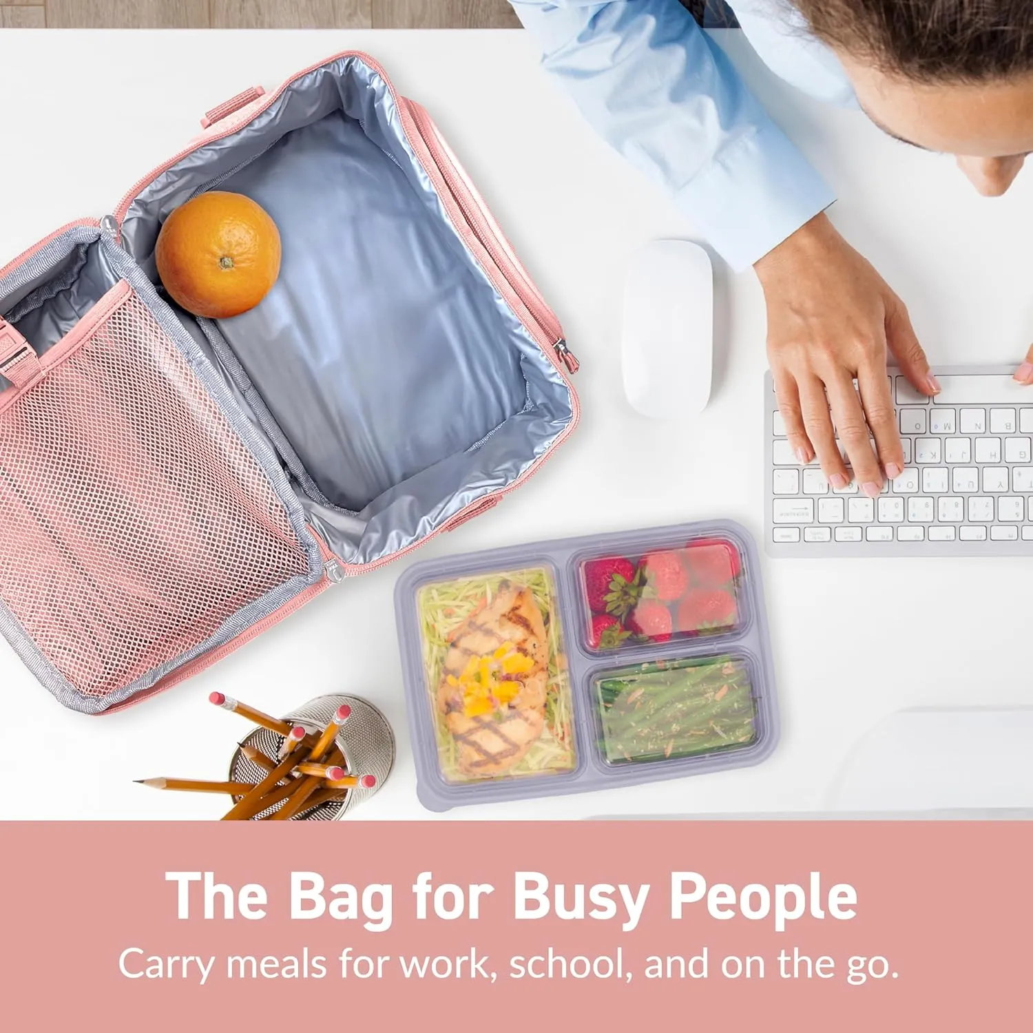 Bentgo Deluxe Lunch Bag - Durable and Insulated Lunch Tote with Zippered Outer Pocket, Internal Mesh Pocket, Padded & Adjustable Straps, & 2-Way Zippers - Fits Most Lunch Boxes (Blush)
