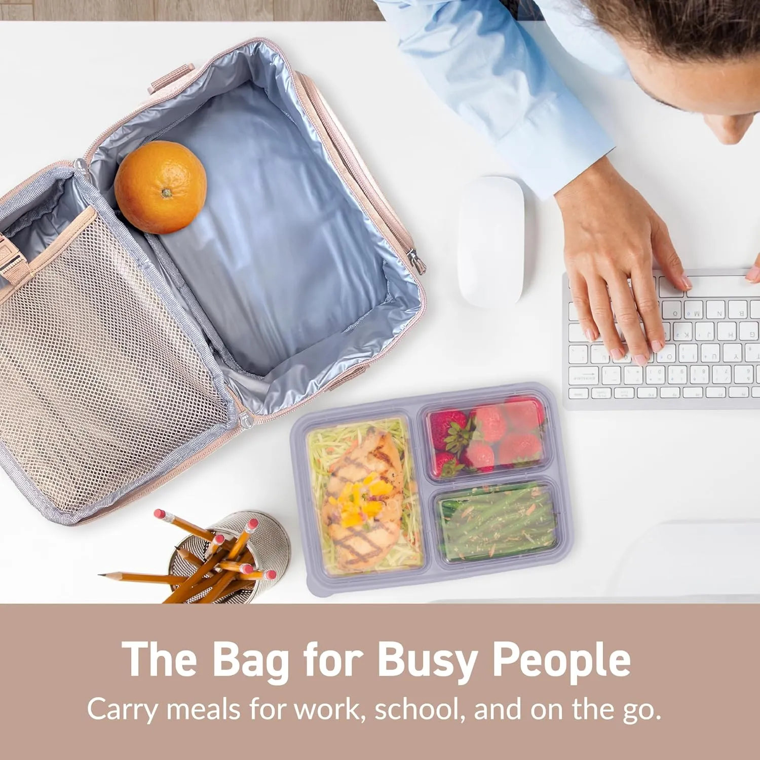 Bentgo Deluxe Lunch Bag - Durable and Insulated Lunch Tote with Zippered Outer Pocket, Internal Mesh Pocket, Padded & Adjustable Straps, & 2-Way Zippers - Fits Most Lunch Boxes (Sand)