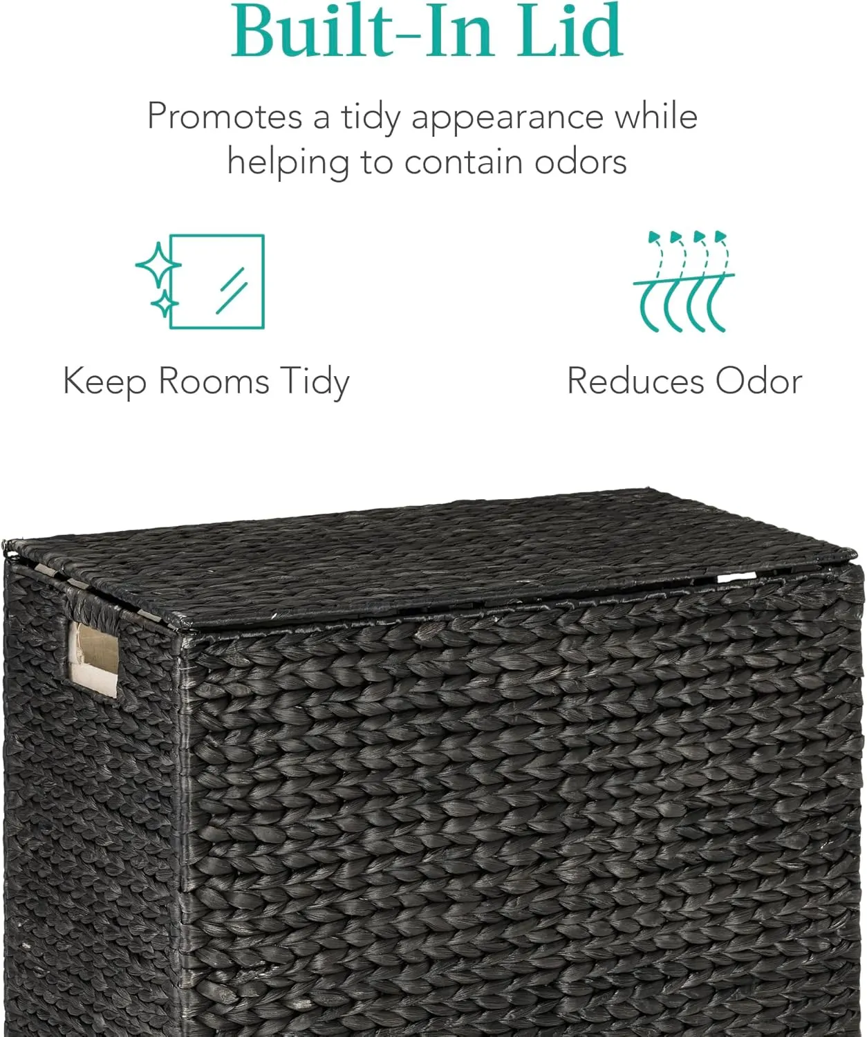 Best Choice Products Large Double Laundry Hamper with Lid, Natural Handwoven Water Hyacinth, 2 Sections w/ 2 Machine Washable Linen Liner Bags, Portable, Handles - Black