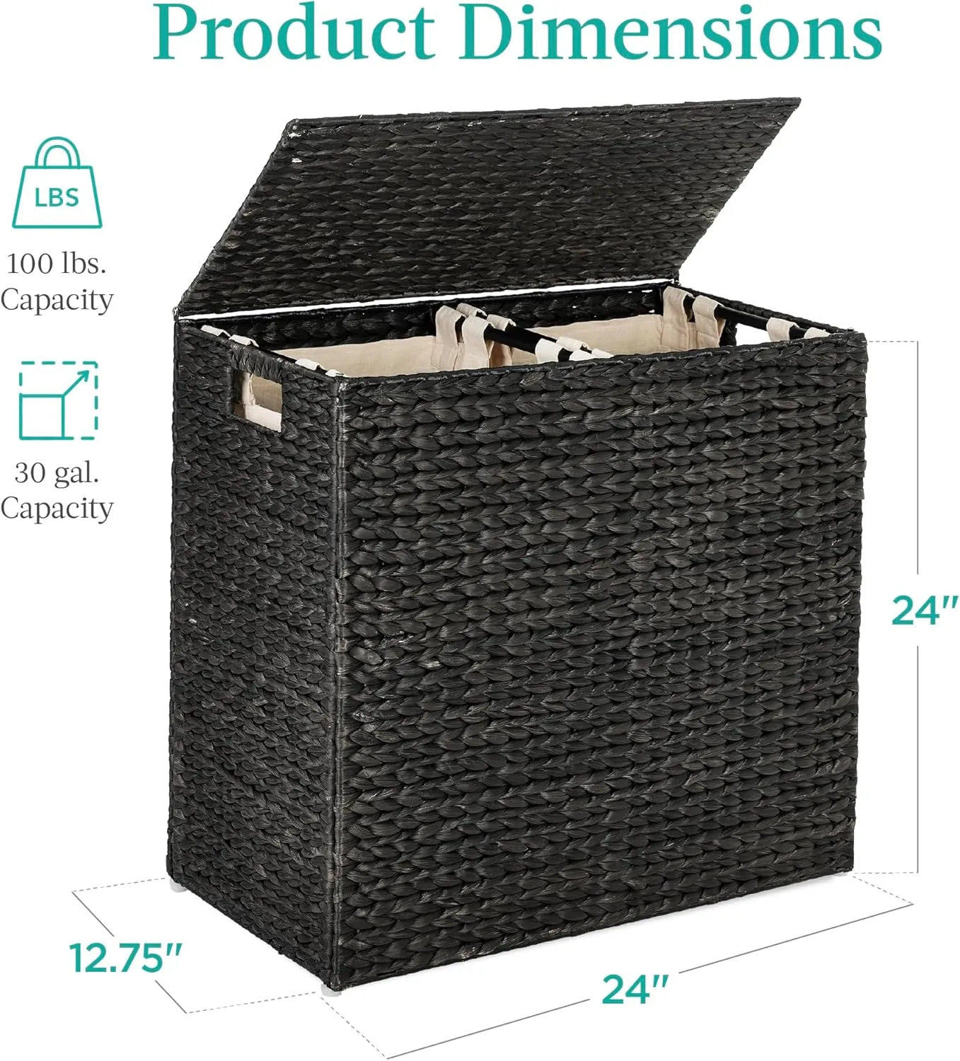 Best Choice Products Large Double Laundry Hamper with Lid, Natural Handwoven Water Hyacinth, 2 Sections w/ 2 Machine Washable Linen Liner Bags, Portable, Handles - Black