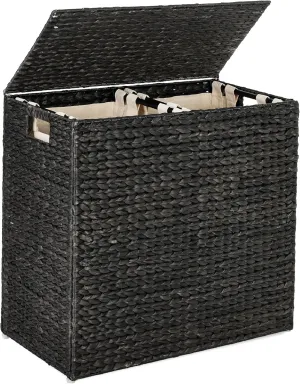Best Choice Products Large Double Laundry Hamper with Lid, Natural Handwoven Water Hyacinth, 2 Sections w/ 2 Machine Washable Linen Liner Bags, Portable, Handles - Black