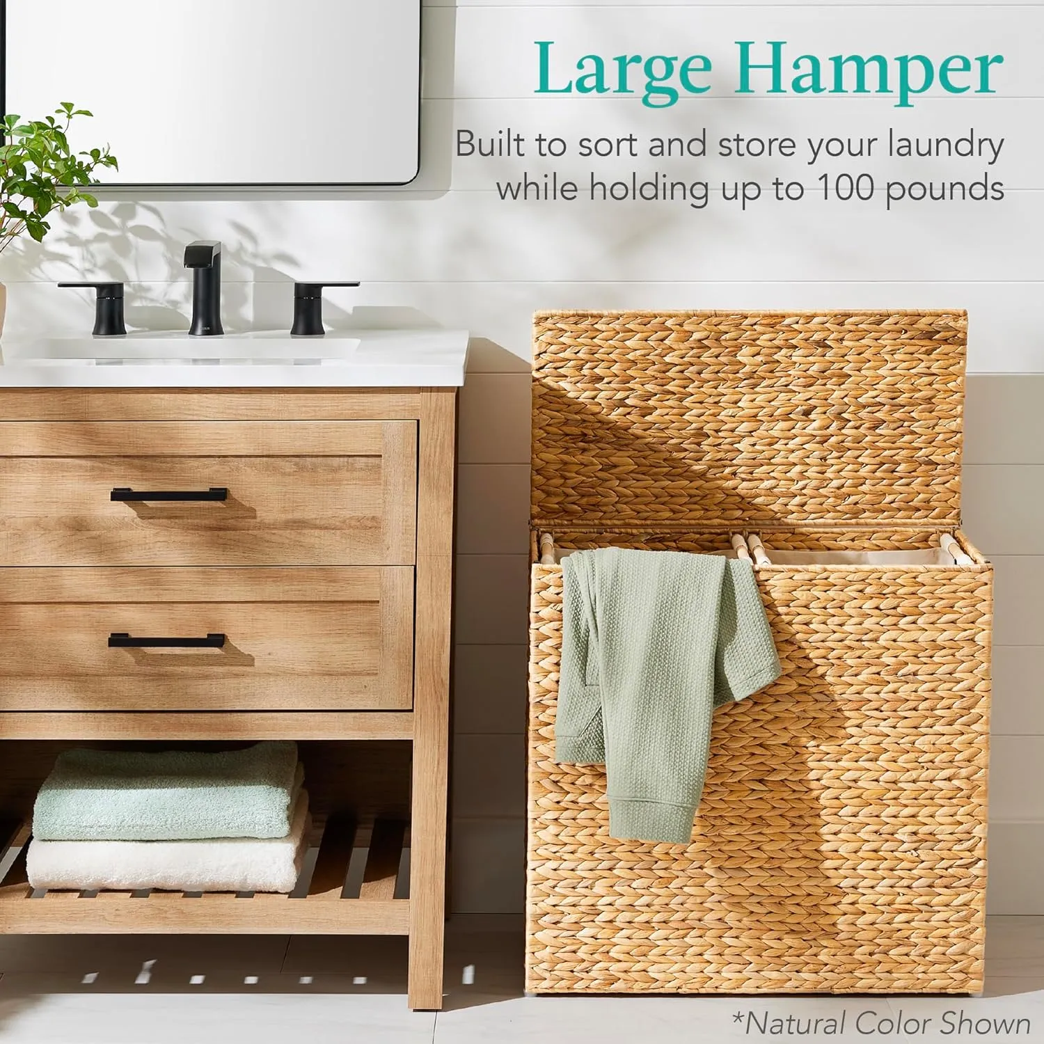 Best Choice Products Large Double Laundry Hamper with Lid, Natural Handwoven Water Hyacinth, 2 Sections w/ 2 Machine Washable Linen Liner Bags, Portable, Handles - Black