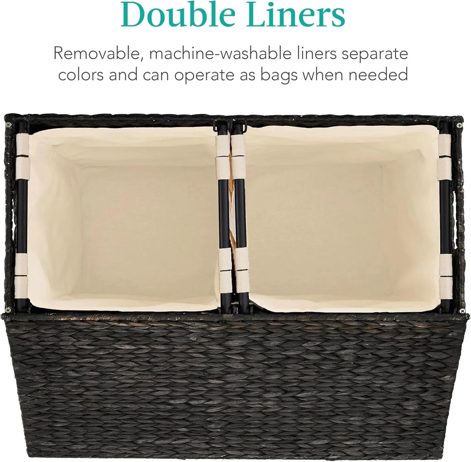 Best Choice Products Large Double Laundry Hamper with Lid, Natural Handwoven Water Hyacinth, 2 Sections w/ 2 Machine Washable Linen Liner Bags, Portable, Handles - Black