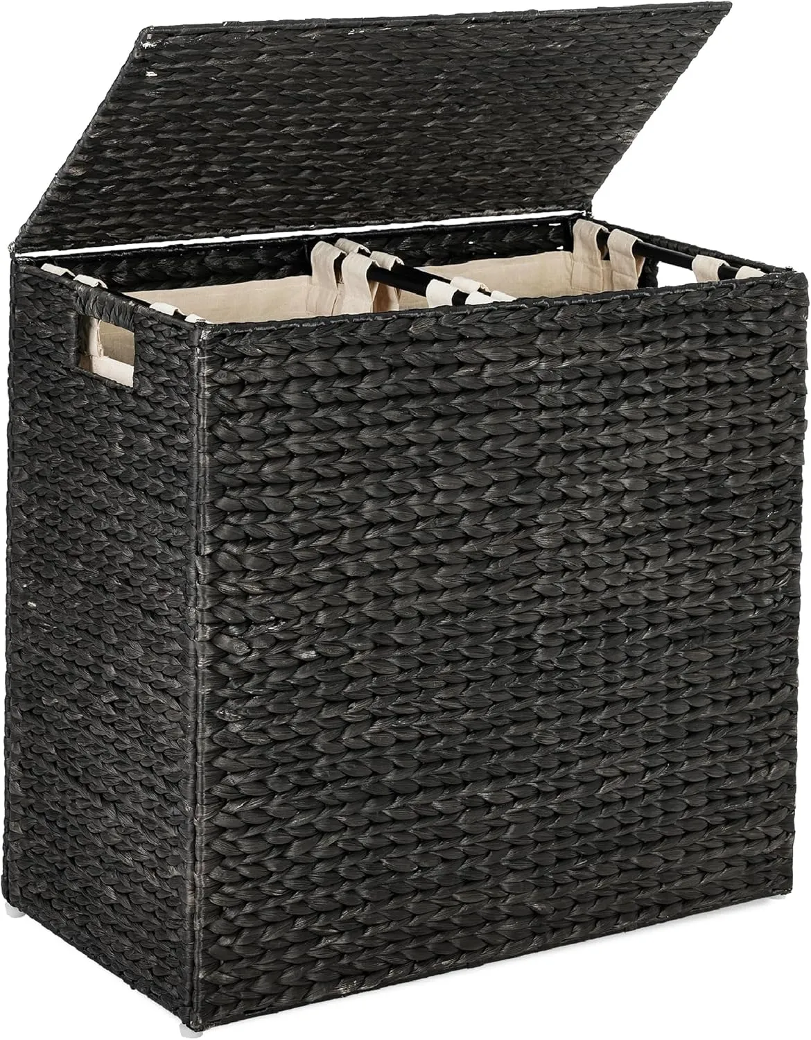 Best Choice Products Large Double Laundry Hamper with Lid, Natural Handwoven Water Hyacinth, 2 Sections w/ 2 Machine Washable Linen Liner Bags, Portable, Handles - Black