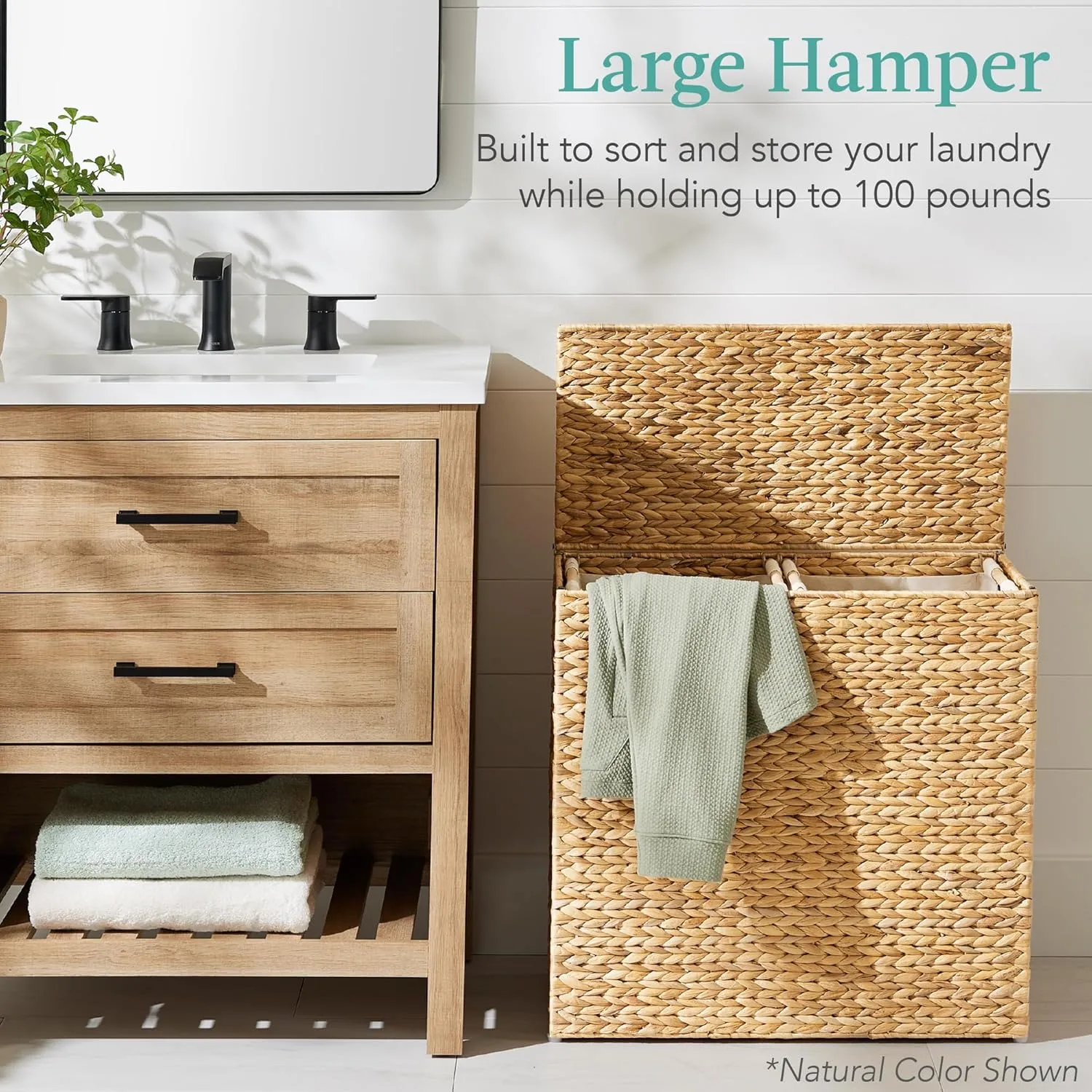 Best Choice Products Large Double Laundry Hamper with Lid, Natural Handwoven Water Hyacinth, 2 Sections w/ 2 Machine Washable Linen Liner Bags, Portable, Handles - Espresso