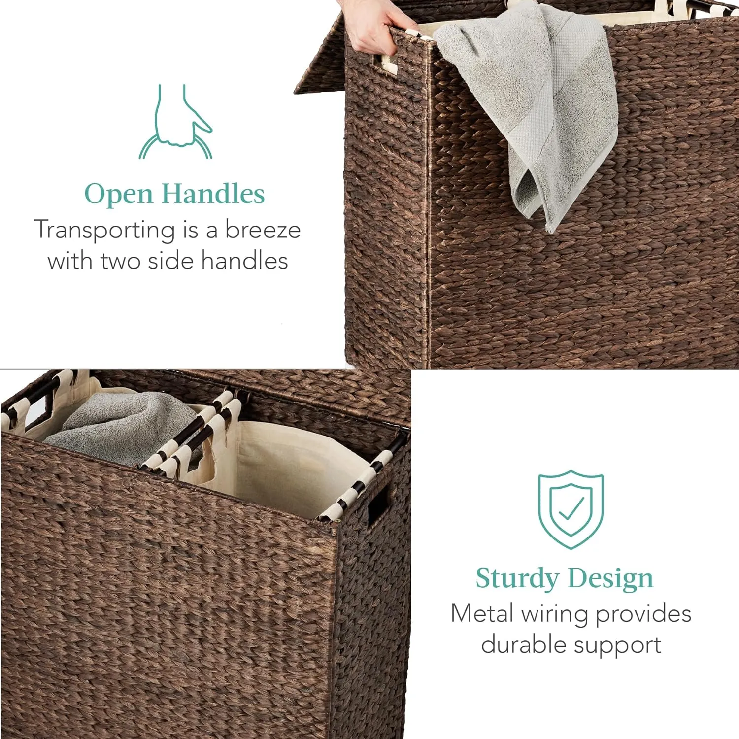 Best Choice Products Large Double Laundry Hamper with Lid, Natural Handwoven Water Hyacinth, 2 Sections w/ 2 Machine Washable Linen Liner Bags, Portable, Handles - Espresso