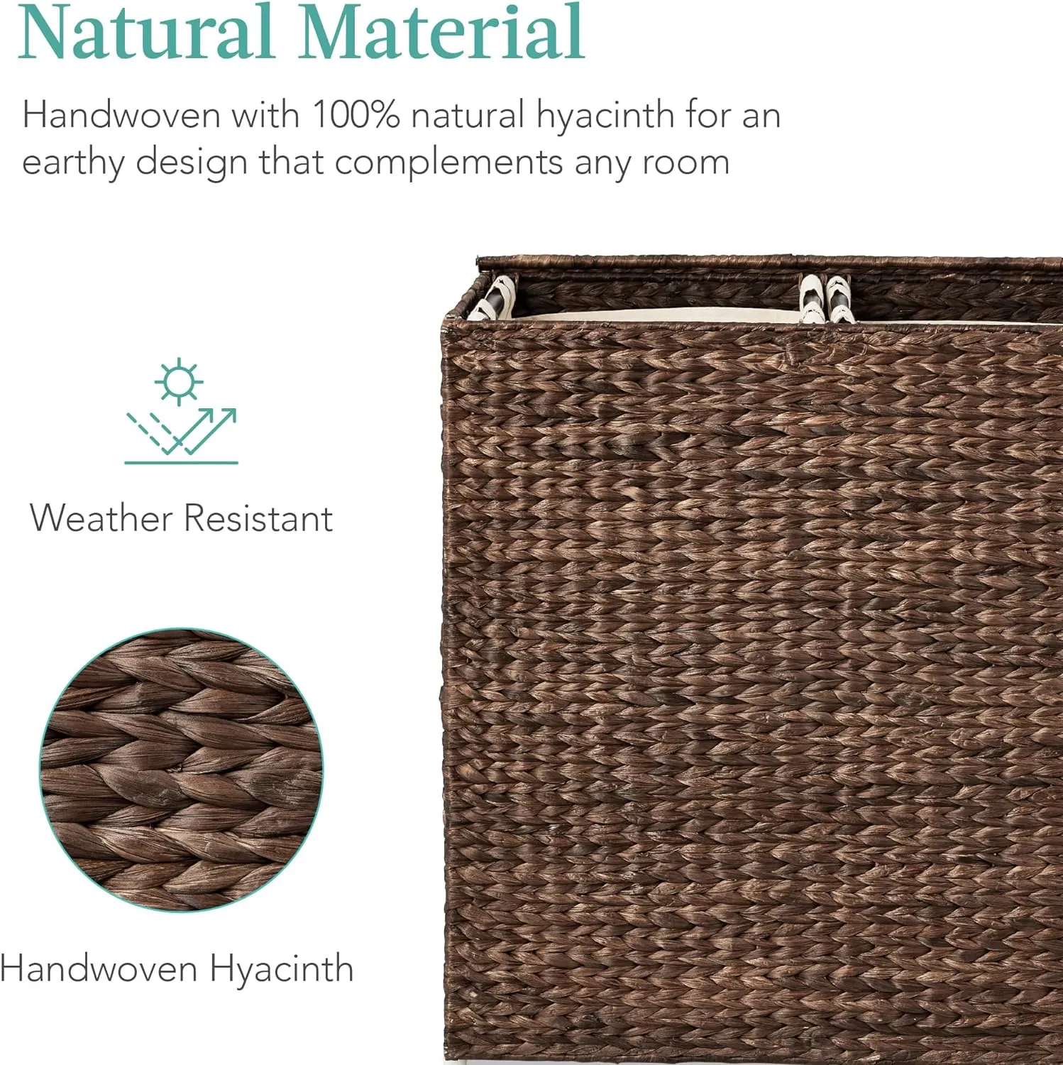 Best Choice Products Large Double Laundry Hamper with Lid, Natural Handwoven Water Hyacinth, 2 Sections w/ 2 Machine Washable Linen Liner Bags, Portable, Handles - Espresso