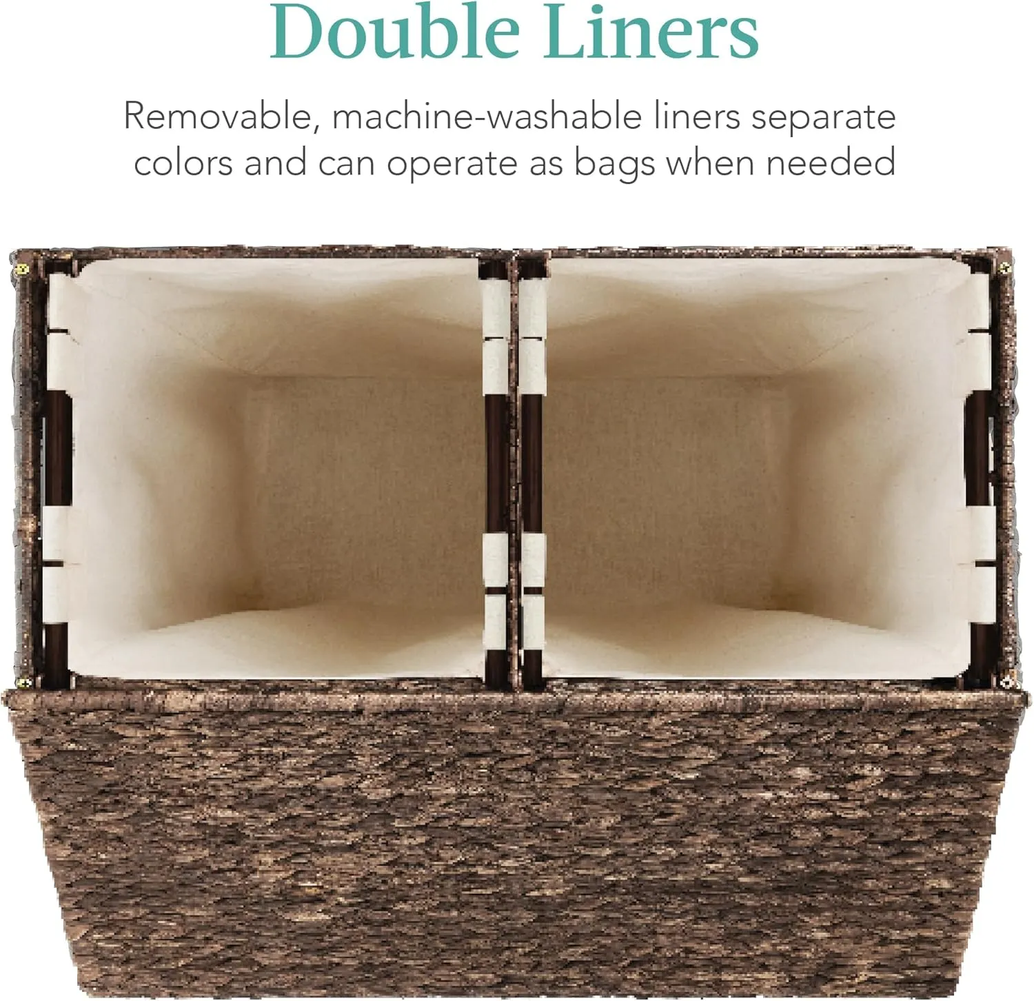Best Choice Products Large Double Laundry Hamper with Lid, Natural Handwoven Water Hyacinth, 2 Sections w/ 2 Machine Washable Linen Liner Bags, Portable, Handles - Espresso