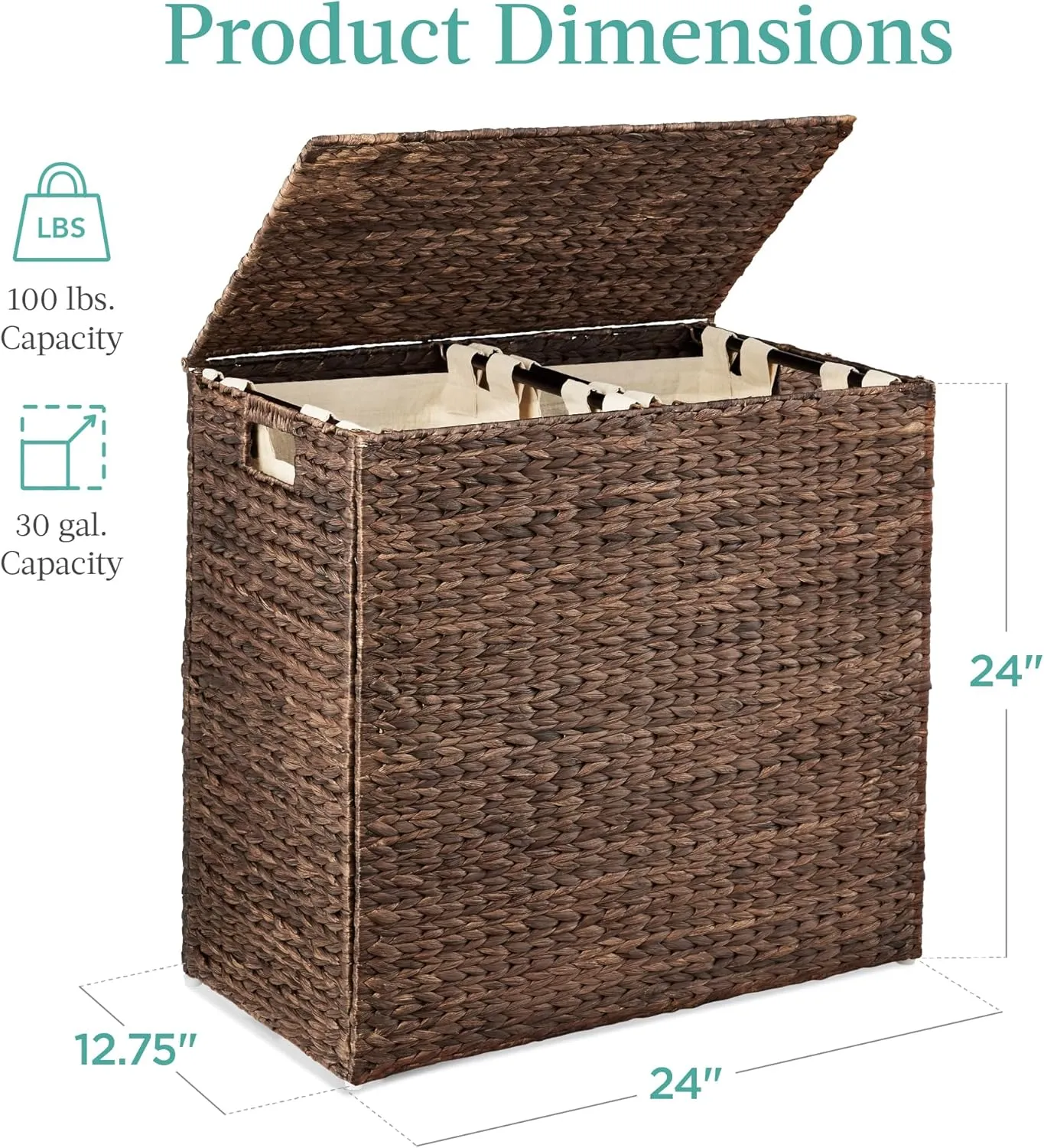 Best Choice Products Large Double Laundry Hamper with Lid, Natural Handwoven Water Hyacinth, 2 Sections w/ 2 Machine Washable Linen Liner Bags, Portable, Handles - Espresso