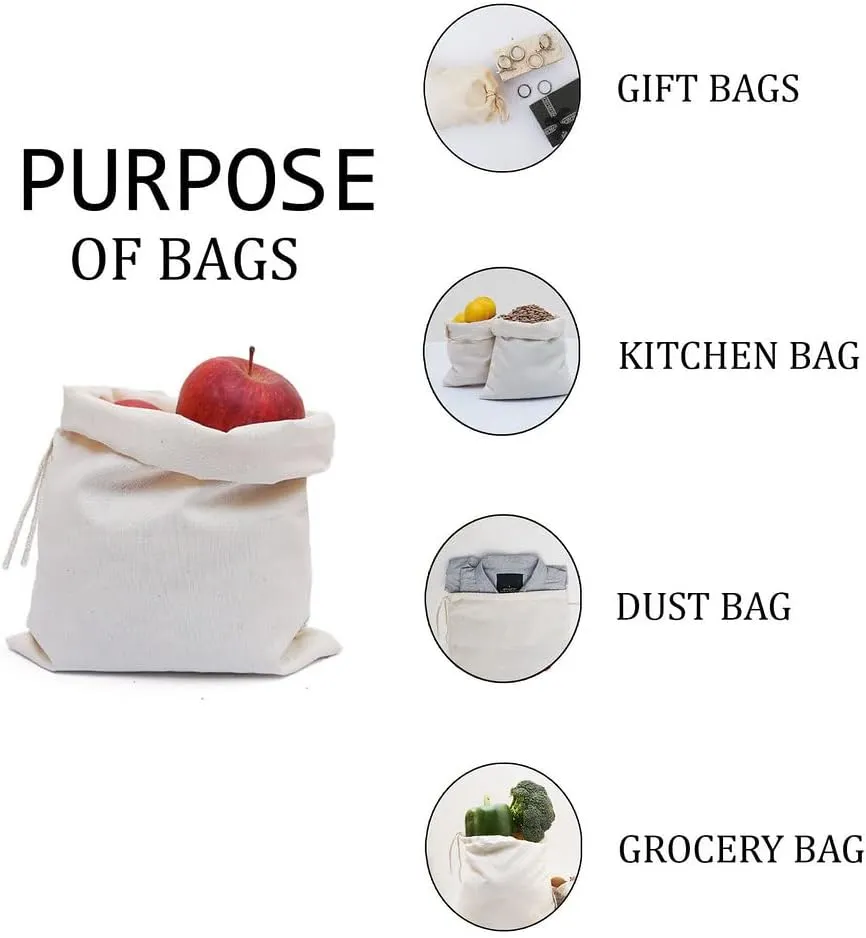 BigLotBags Premium Cotton Muslin Bags, 100% Organic Cotton with Single Drawstring. Premium Quality Reusable Eco-Friendly Natural Muslin Bags. (100, 10 x 12 Inches)
