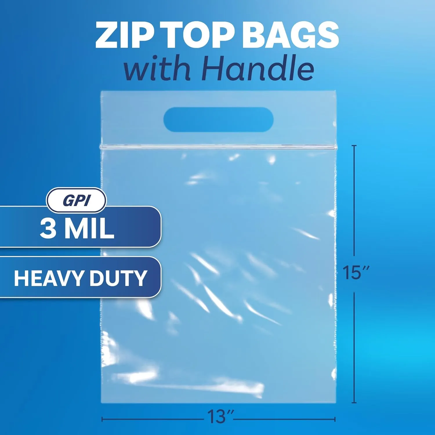 Biodegradable 13" X 15" 2 Gallon Plastic Zip Bags with Die Cut Handle for Carrying, 100 Count, Heavy-Duty 3 Mil Clear Reclosable Eco-Friendly Poly Baggies, Zip Top Lock for Food Storage & Clothing