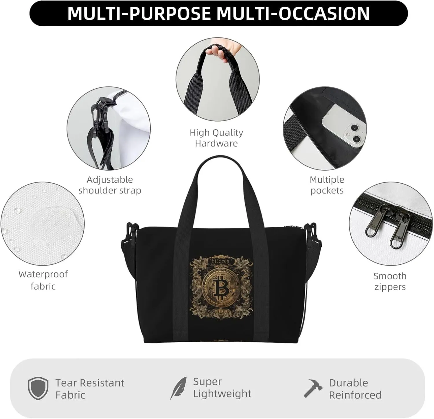 bitcoin print Travel Duffel Bag, Sports Tote Gym Bag, Swim Pool Bag Large Shoulder Tote Bag for Beach Weekender, 202-406-121