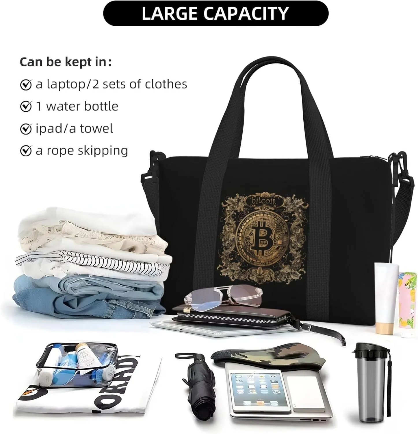 bitcoin print Travel Duffel Bag, Sports Tote Gym Bag, Swim Pool Bag Large Shoulder Tote Bag for Beach Weekender, 202-406-121
