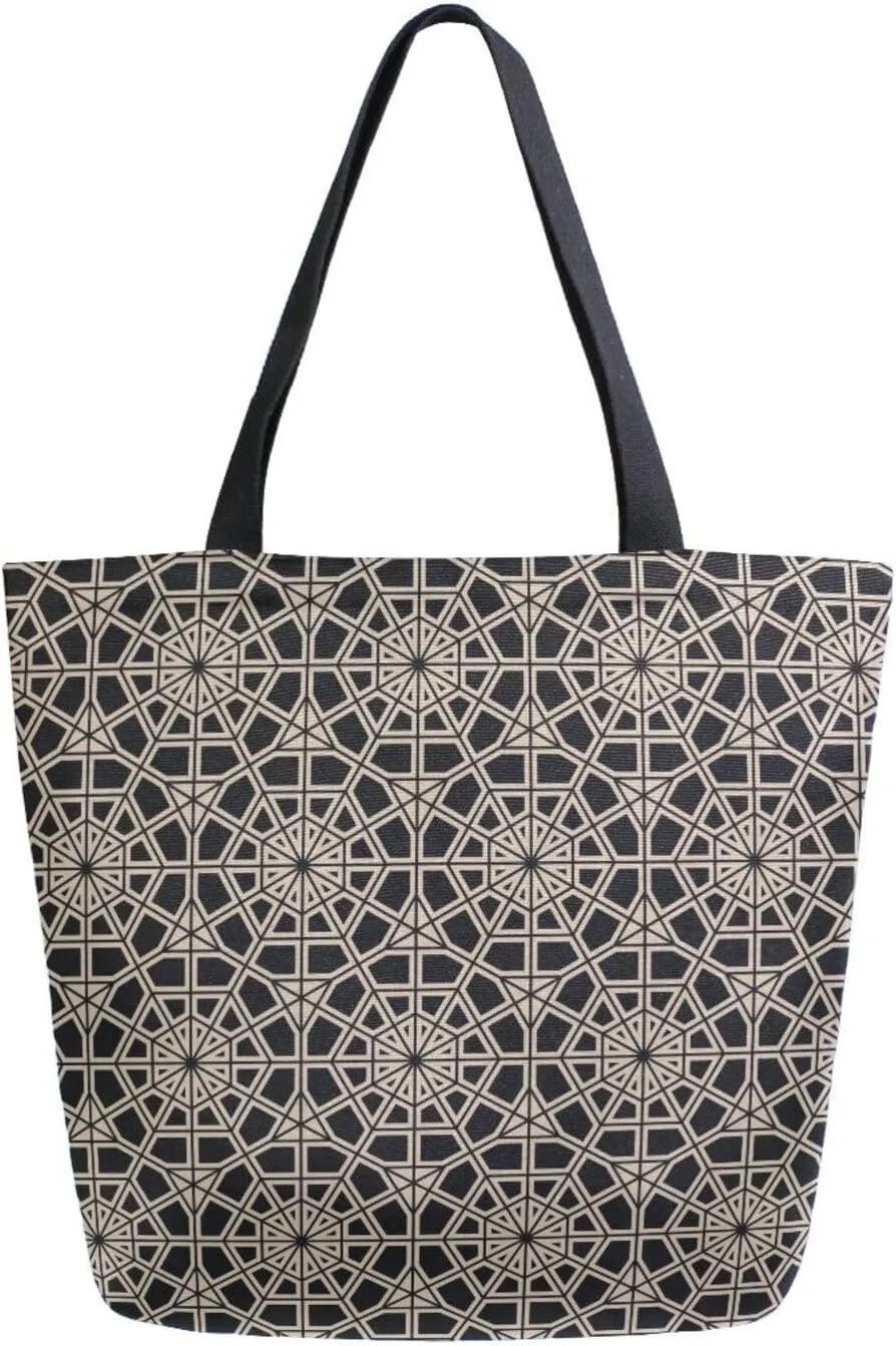 Black and Gold Abstract Dandelion Canvas Tote Bag for Women with Zipper Pocket Reusable Grocery Shopping Bags Large Travel Shoulder Bag Handbag Bags