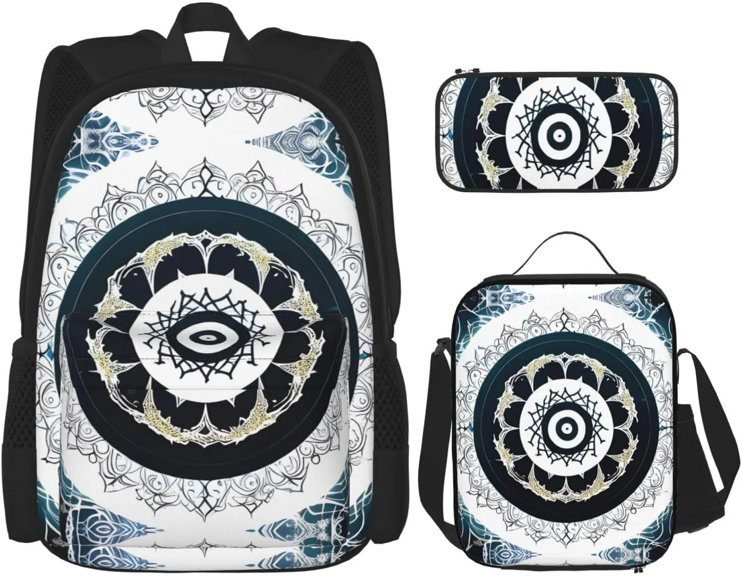 Black and White Round Totem Large capacity durable school bag   pencil case   lunch bag, accompany your children to study happily every day