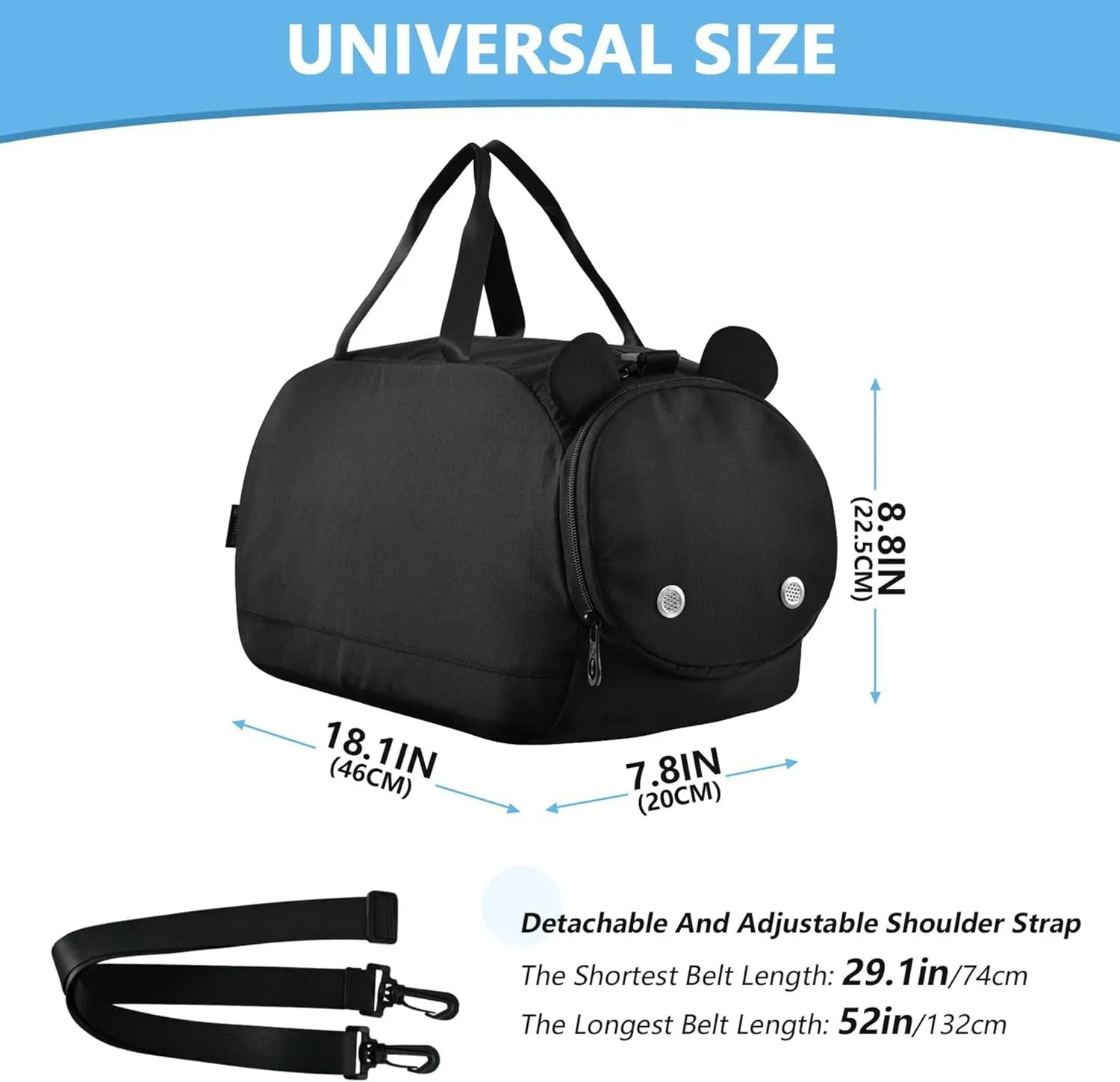 Black Color Duffel Bag with Shoes Compartment Lightweight Carry On Weekender Bag for Travel, Swimming, Dance, Ballet