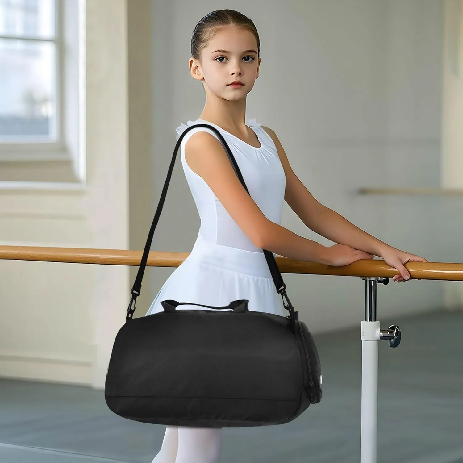 Black Color Duffel Bag with Shoes Compartment Lightweight Carry On Weekender Bag for Travel, Swimming, Dance, Ballet