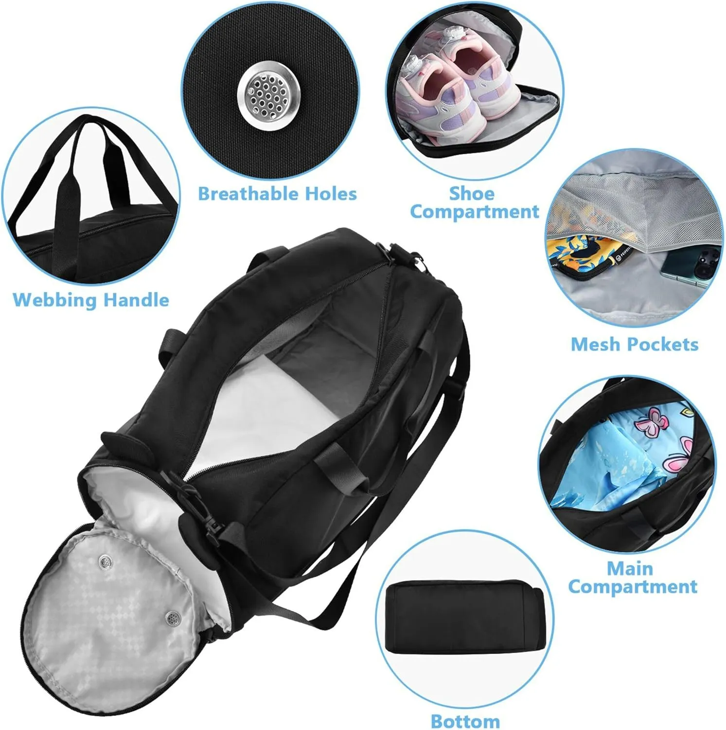Black Color Duffel Bag with Shoes Compartment Lightweight Carry On Weekender Bag for Travel, Swimming, Dance, Ballet