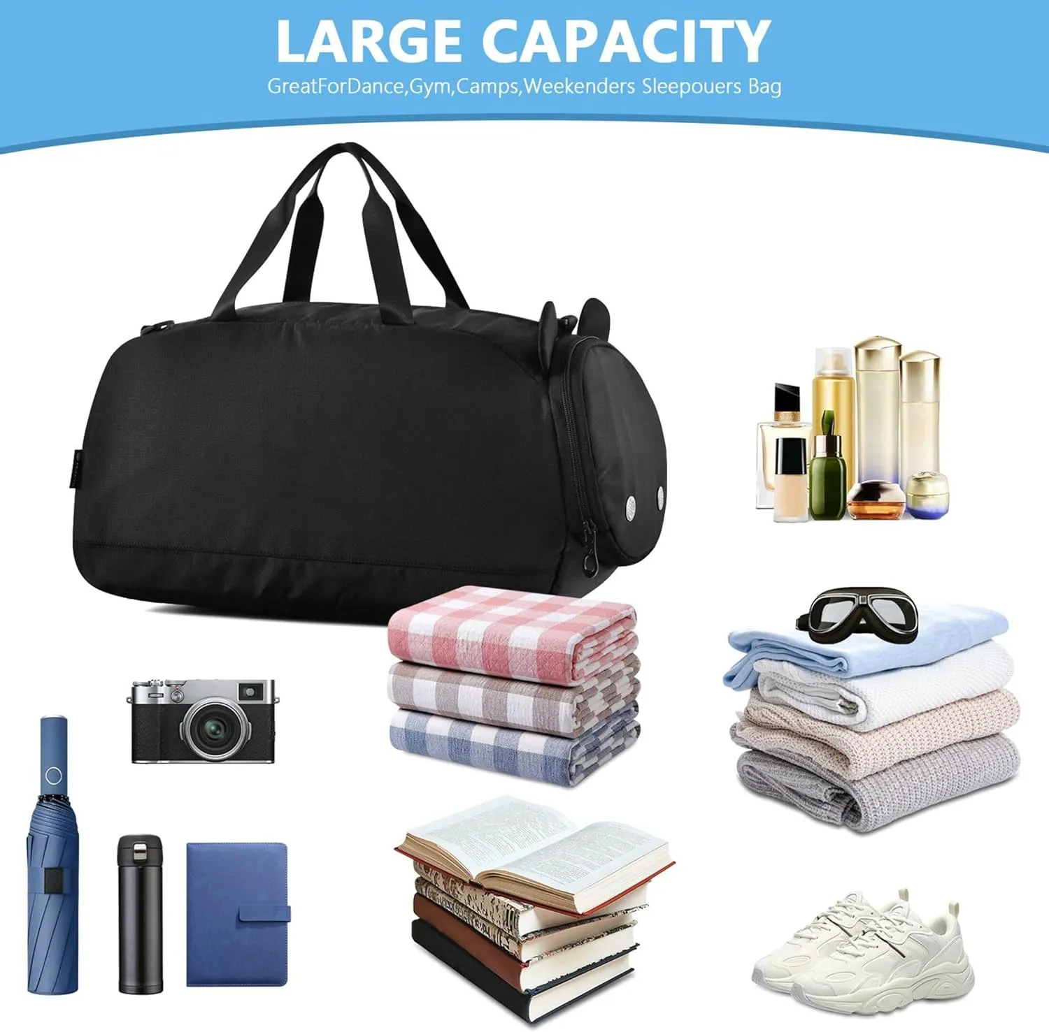 Black Color Duffel Bag with Shoes Compartment Lightweight Carry On Weekender Bag for Travel, Swimming, Dance, Ballet