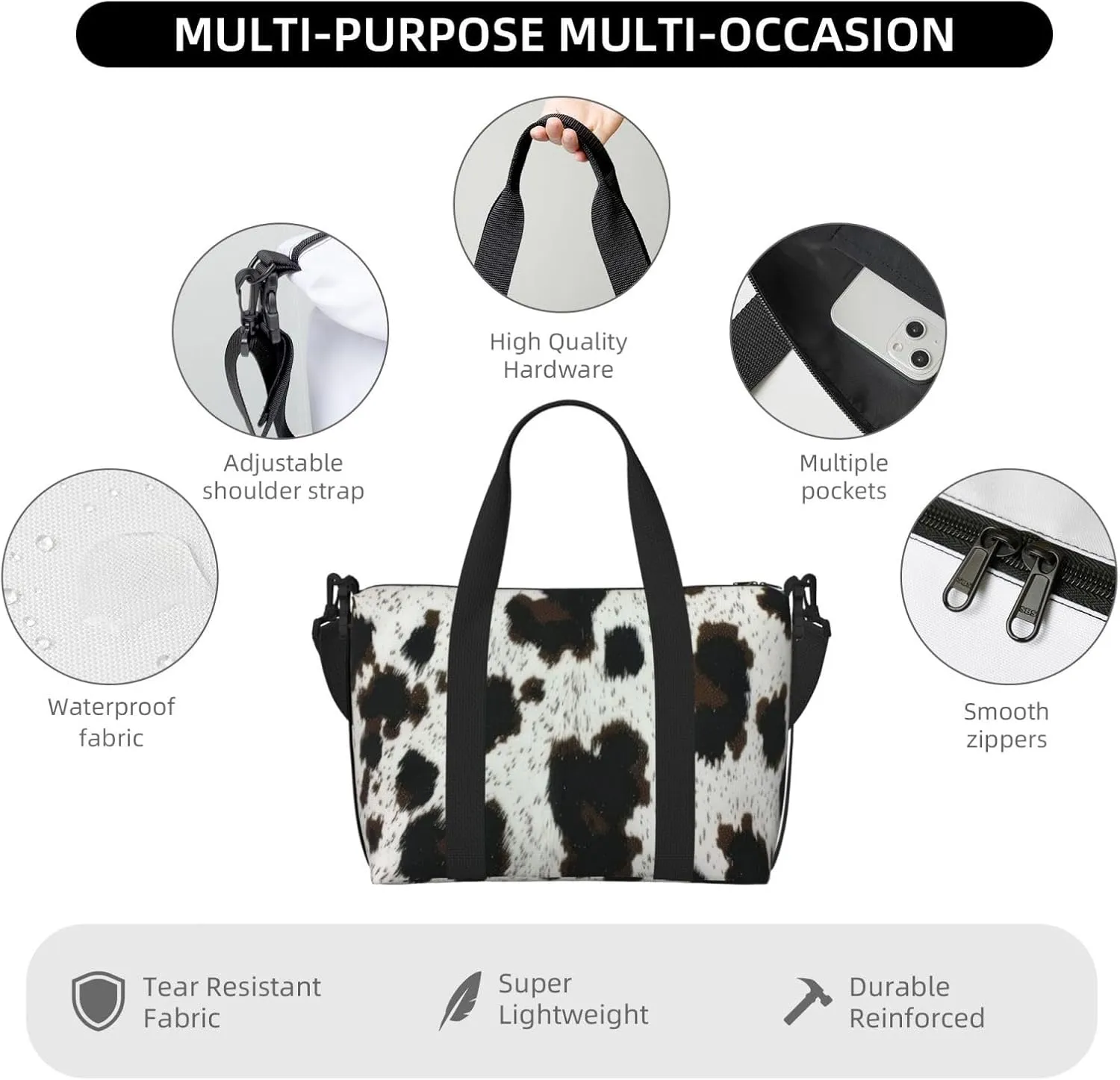 black cow print Travel Duffel Bag, Sports Tote Gym Bag, Swim Pool Bag Large Shoulder Tote Bag for Beach Weekender, 202-406-121